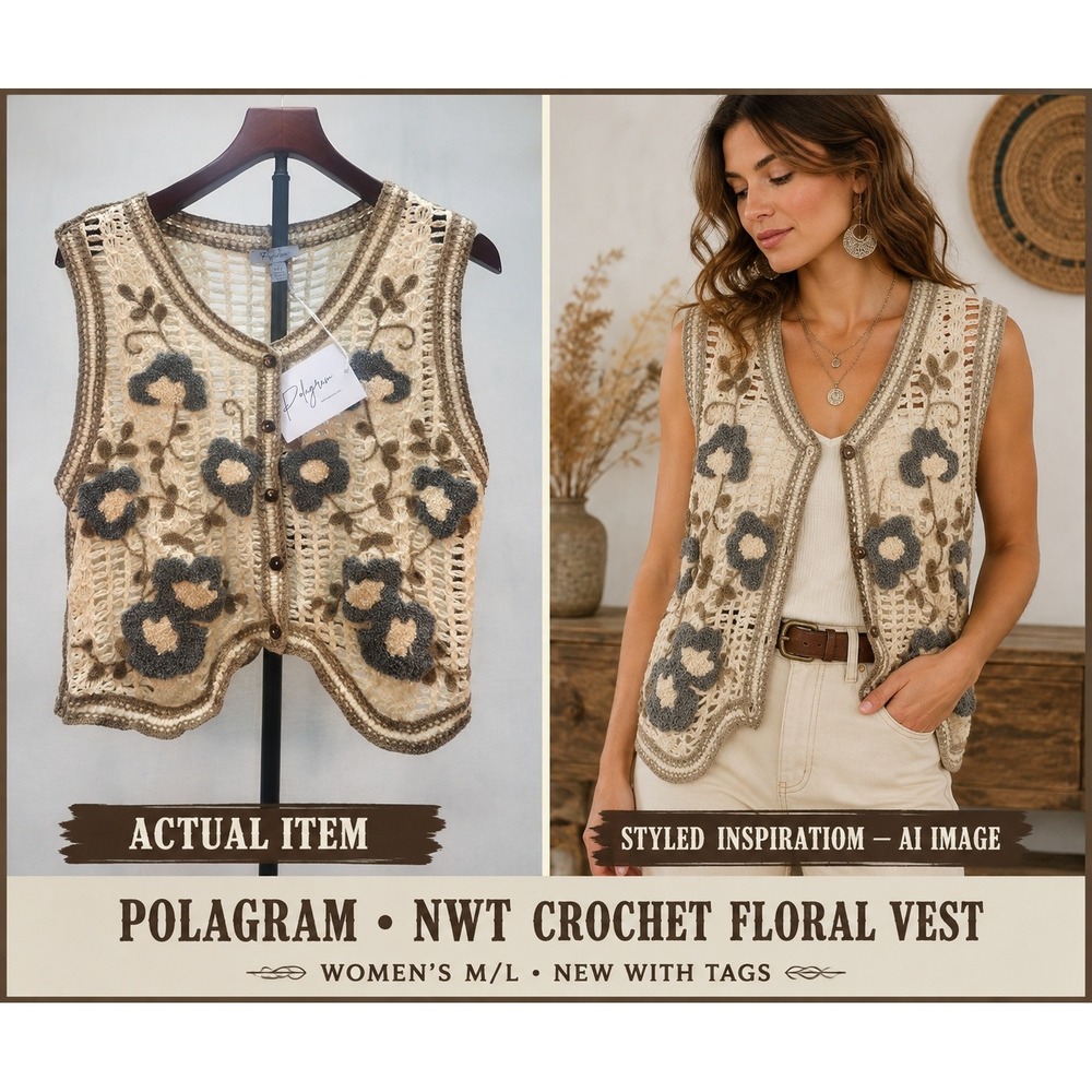 Polagram Crochet‎ Floral Applique Vest Women's Boho Cottagecore Knit Vest (M/L)